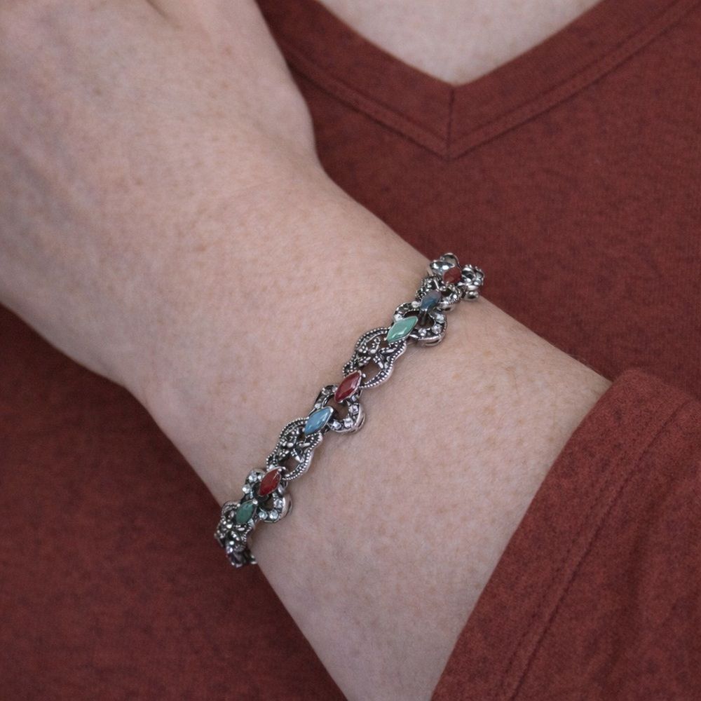 925 Silver Vintage Turquoise, Mother of Pearl, Onyx & Carnelian Bracelet